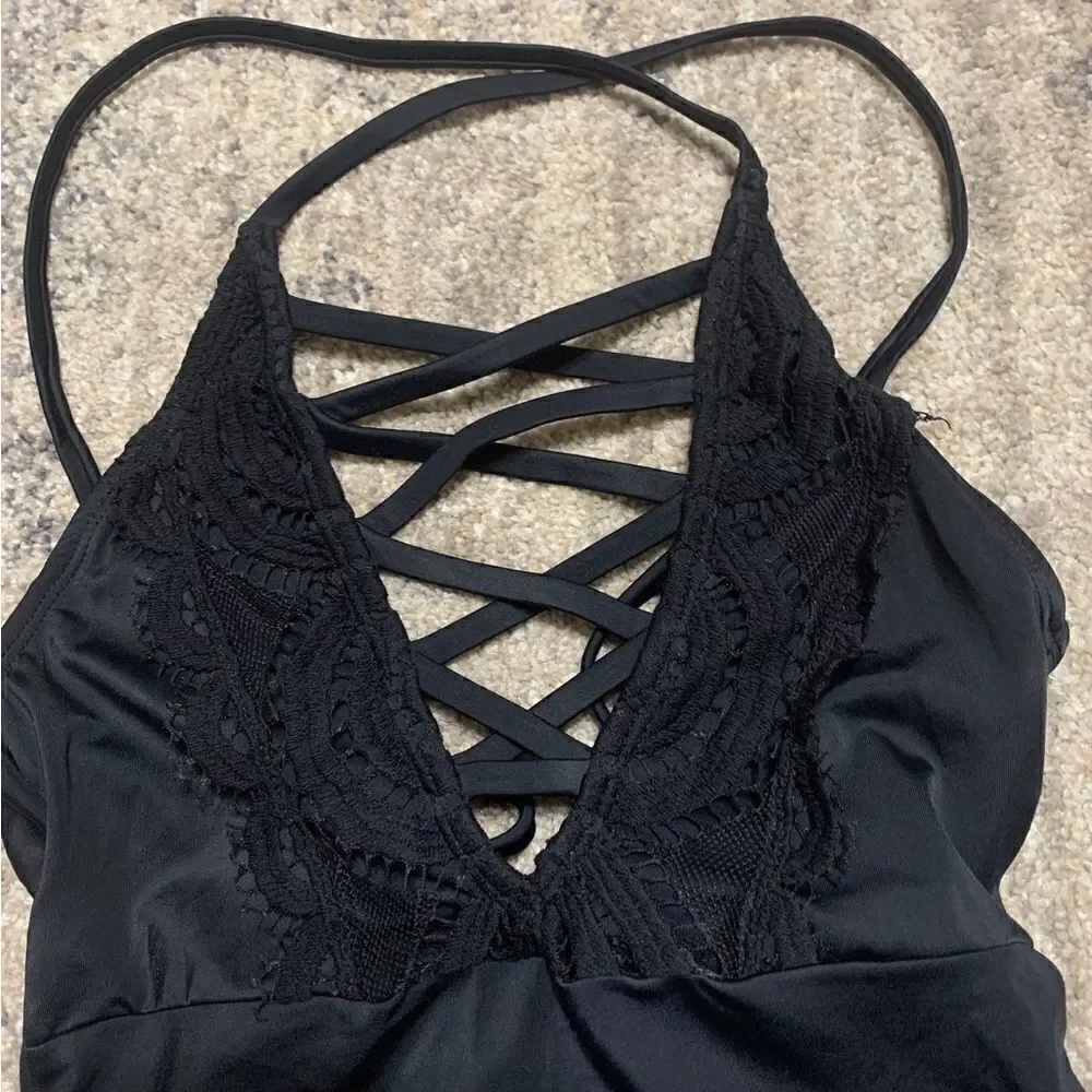 New. Pilyq LACE front with black lace trim swimsuit. Run small